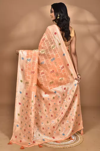 peach chanderi silk blend saree with blouse piece