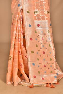peach chanderi silk blend saree with blouse piece 5