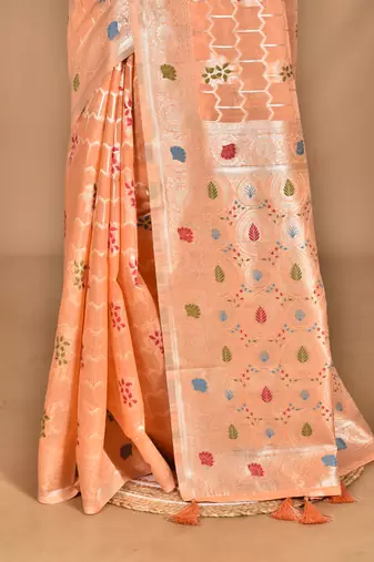 peach chanderi silk blend saree with blouse piece