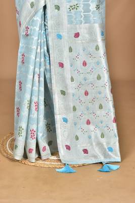 blue chanderi silk blend saree with blouse piece 2