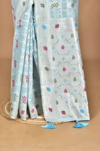 blue chanderi silk blend saree with blouse piece