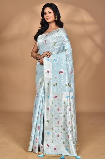 blue chanderi silk blend saree with blouse piece