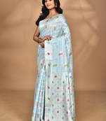 blue chanderi silk blend saree with blouse piece