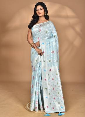 blue chanderi silk blend saree with blouse piece 3