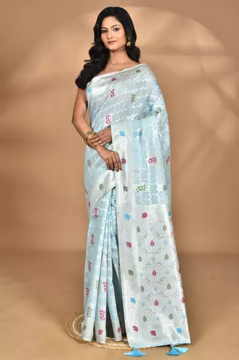 blue chanderi silk blend saree with blouse piece