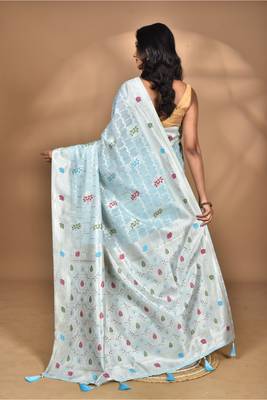 blue chanderi silk blend saree with blouse piece 4