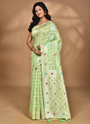 light green chanderi silk blend saree with blouse piece 1