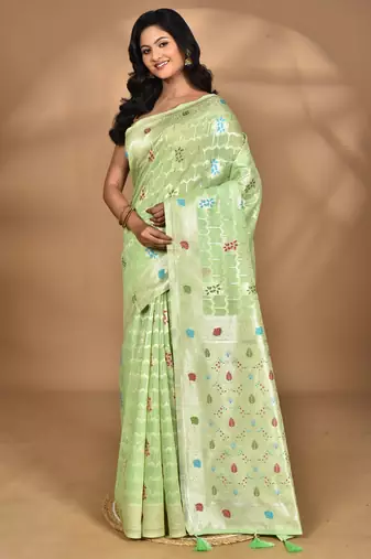 light green chanderi silk blend saree with blouse piece