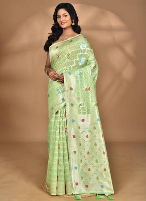 light green chanderi silk blend saree with blouse piece 2
