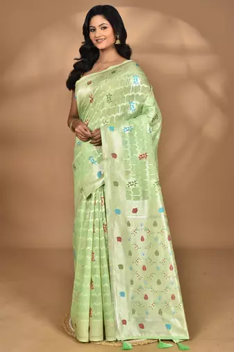 light green chanderi silk blend saree with blouse piece