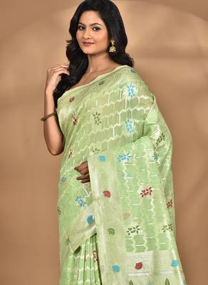 light green chanderi silk blend saree with blouse piece 3