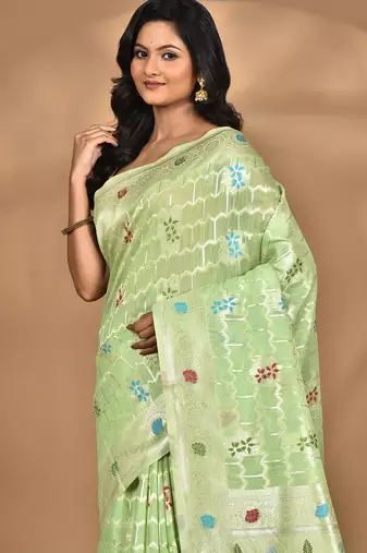 light green chanderi silk blend saree with blouse piece