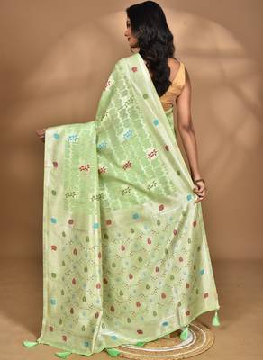 light green chanderi silk blend saree with blouse piece 4