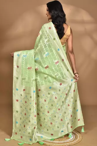 light green chanderi silk blend saree with blouse piece
