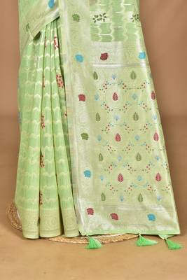 light green chanderi silk blend saree with blouse piece 5
