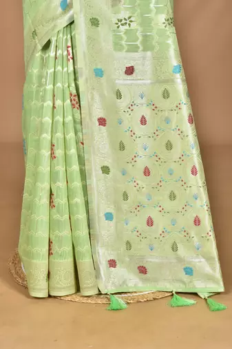 light green chanderi silk blend saree with blouse piece
