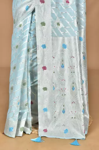blue chanderi silk blend saree with blouse piece