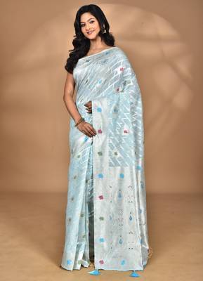 blue chanderi silk blend saree with blouse piece 3
