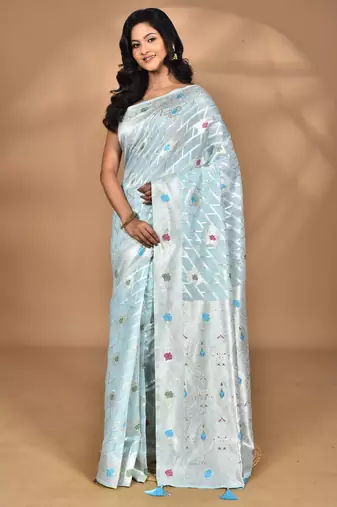 blue chanderi silk blend saree with blouse piece