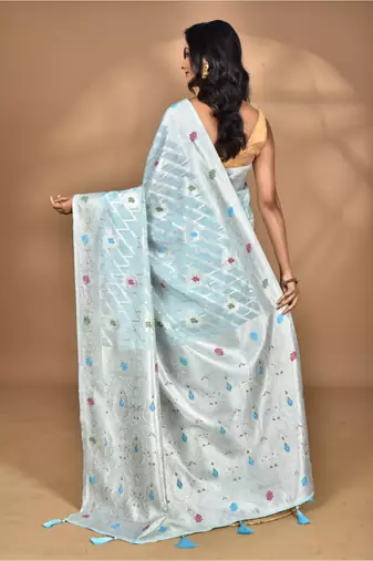blue chanderi silk blend saree with blouse piece