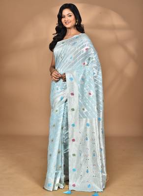 blue chanderi silk blend saree with blouse piece 5