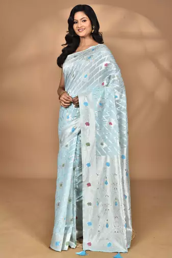 blue chanderi silk blend saree with blouse piece