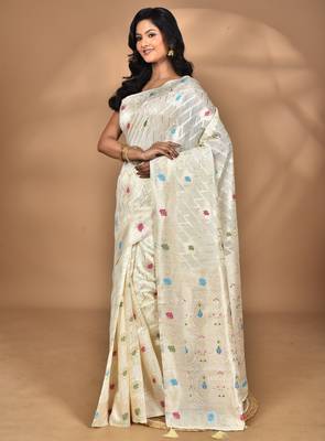 cream chanderi silk blend saree with blouse piece 1