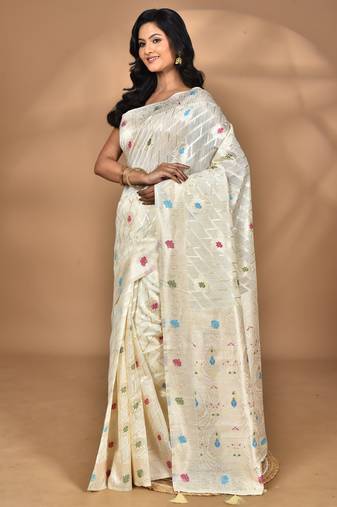 cream chanderi silk blend saree with blouse piece