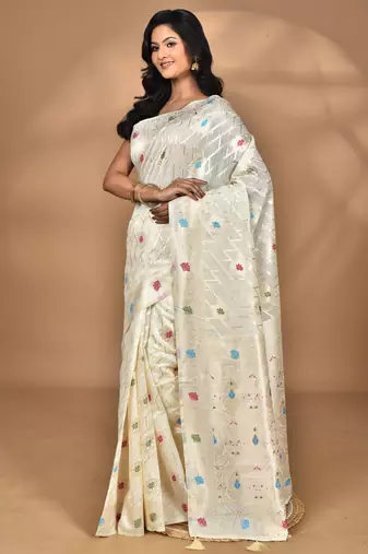 cream chanderi silk blend saree with blouse piece