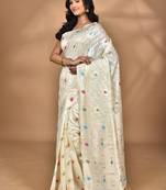 cream chanderi silk blend saree with blouse piece
