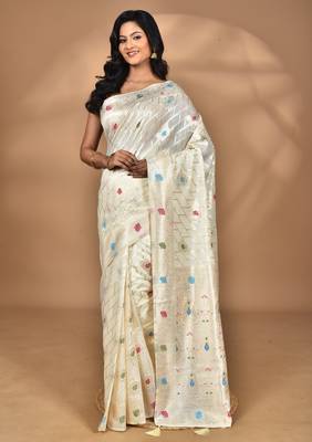 cream chanderi silk blend saree with blouse piece 3