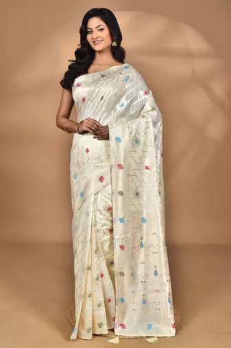 cream chanderi silk blend saree with blouse piece