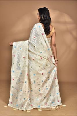 cream chanderi silk blend saree with blouse piece 4