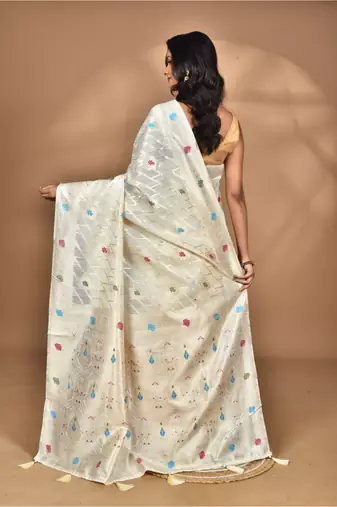 cream chanderi silk blend saree with blouse piece