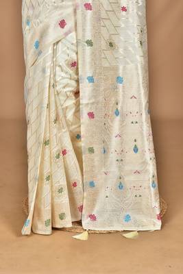 cream chanderi silk blend saree with blouse piece 5