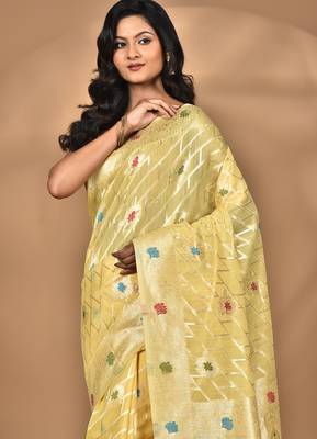 yellow chanderi silk blend saree with blouse piece 1