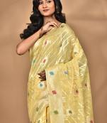 yellow chanderi silk blend saree with blouse piece
