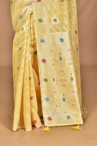 yellow chanderi silk blend saree with blouse piece