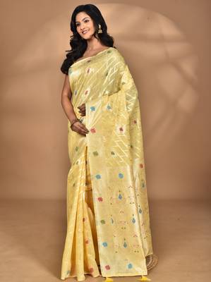 yellow chanderi silk blend saree with blouse piece 3