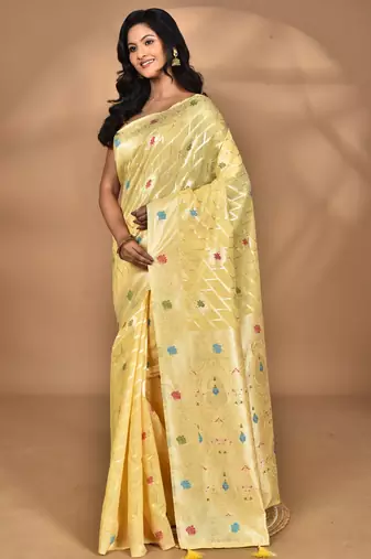yellow chanderi silk blend saree with blouse piece