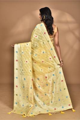 yellow chanderi silk blend saree with blouse piece 4