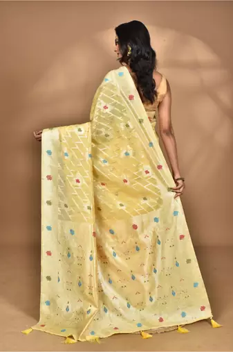 yellow chanderi silk blend saree with blouse piece