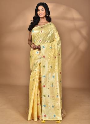 yellow chanderi silk blend saree with blouse piece 5