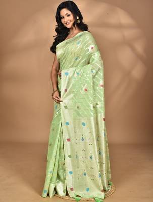 light green chanderi silk blend saree with blouse piece 1