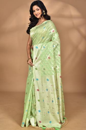 light green chanderi silk blend saree with blouse piece