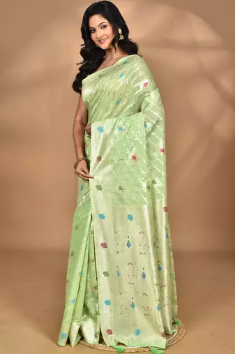 light green chanderi silk blend saree with blouse piece