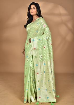 light green chanderi silk blend saree with blouse piece 3