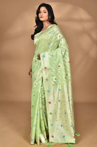 light green chanderi silk blend saree with blouse piece