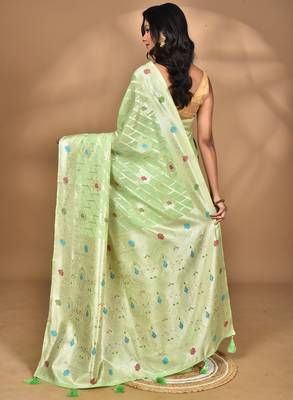 light green chanderi silk blend saree with blouse piece 4