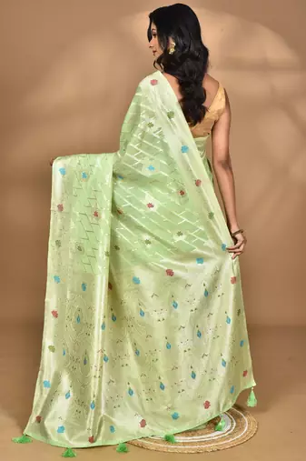 light green chanderi silk blend saree with blouse piece